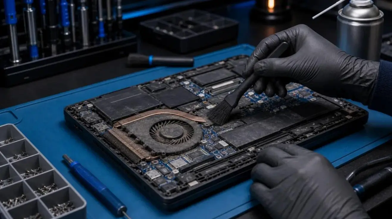 Professional technician inspecting an overheating laptop cooling fan at FixMyPC in Kildare.